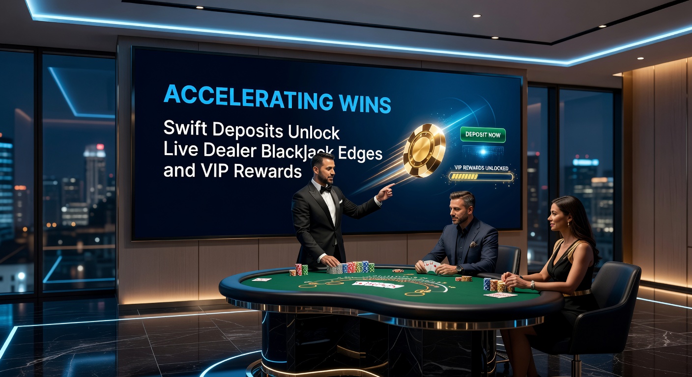 VIP blackjack kamer met gouden chips en snelle stortingsiconen, illustrerend exclusieve rewards voor snelle spelers