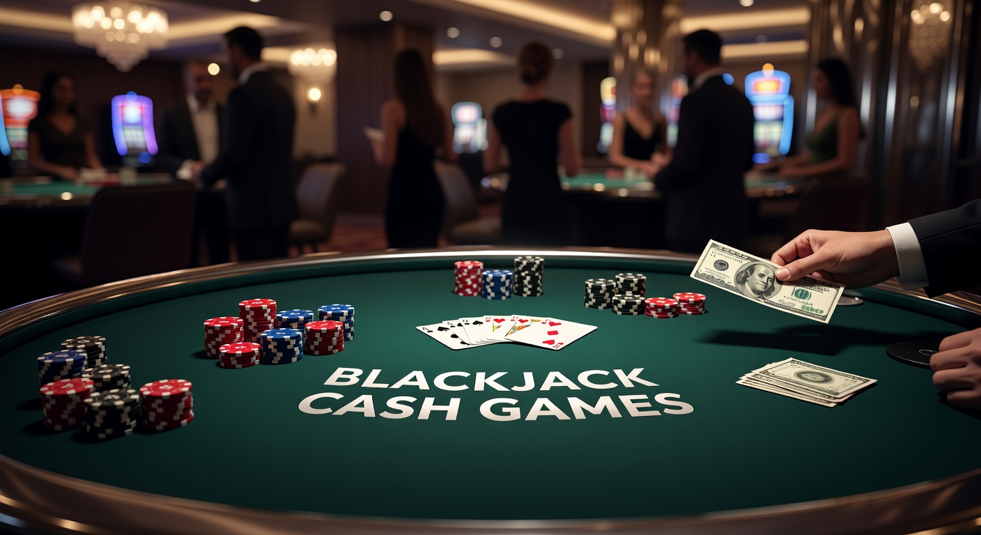 Spelers aan een blackjacktafel in een cash game setting met chips en kaarten in actie