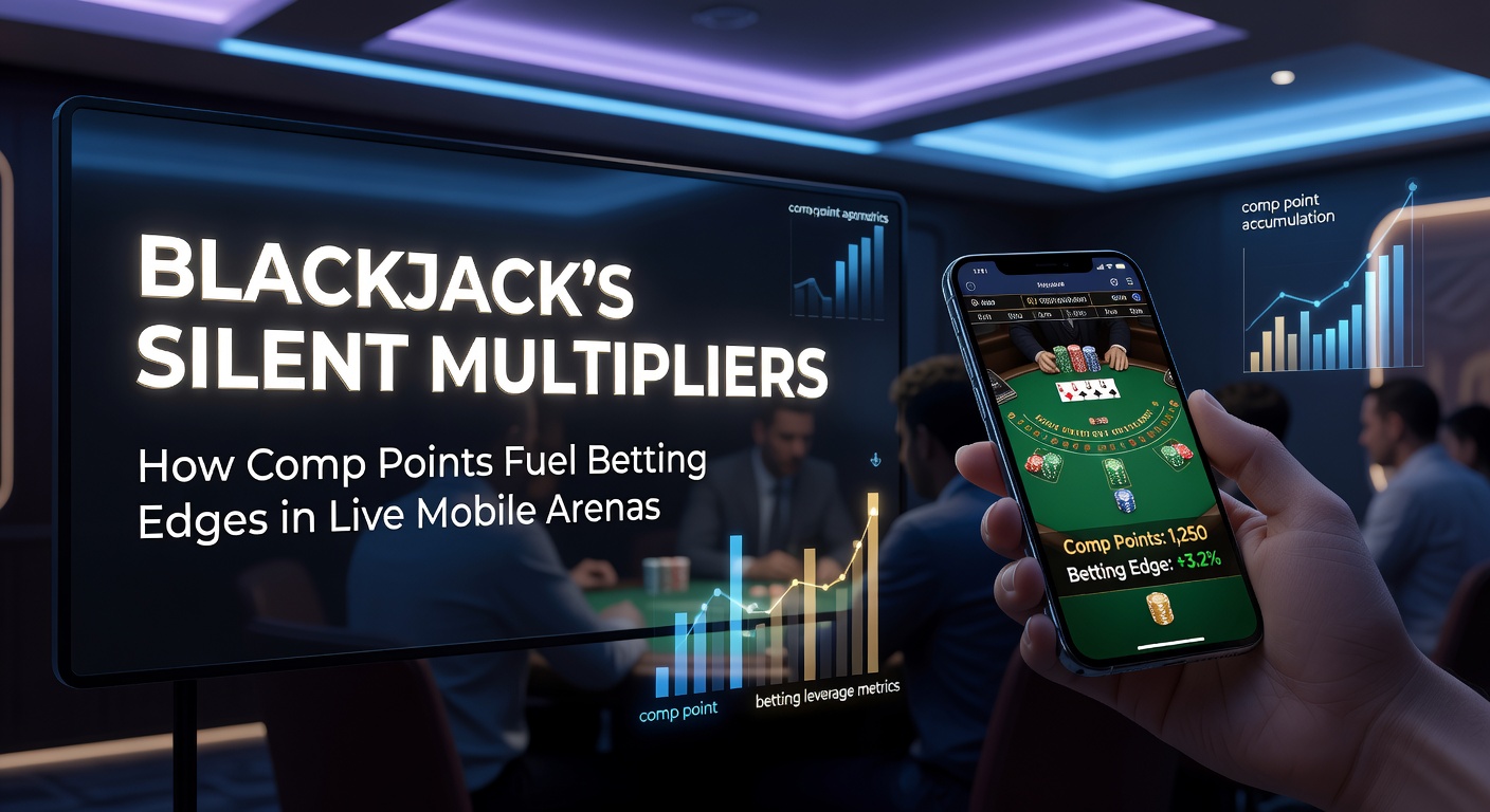 Speler aan mobiel scherm met live blackjack tafel en comp points teller op de achtergrond
