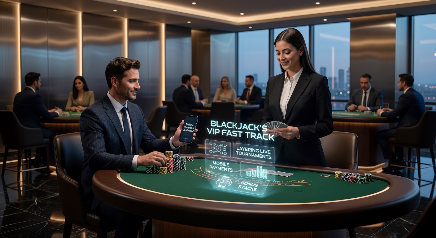 Spannende blackjack VIP-toernooitafel met live dealers en mobiele betaalapps op schermen, symboliserend snelle promotie en bonussen