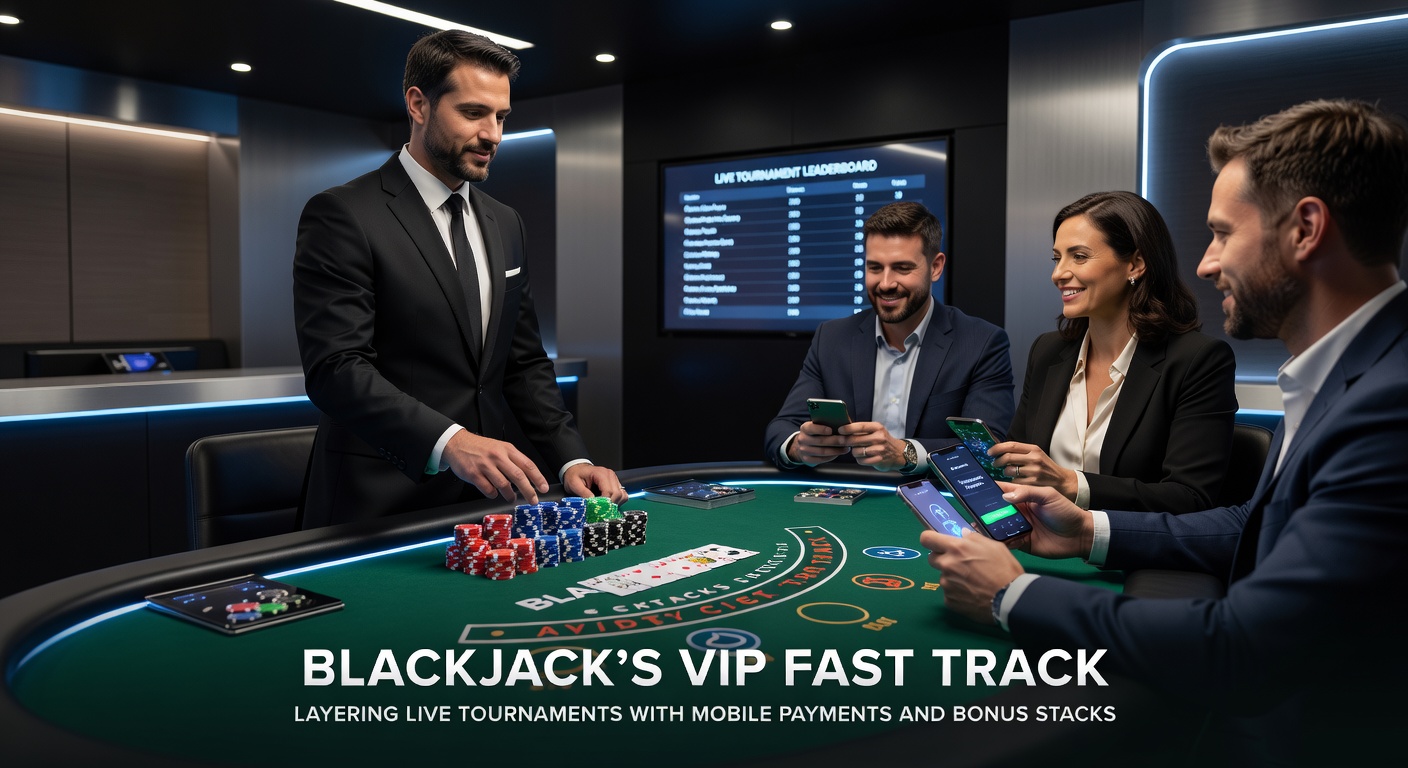 Mobiele telefoon met blackjack app, live toernooi entry en bonusstack icoontjes, illustrerend snelle VIP-promotie via betalingen
