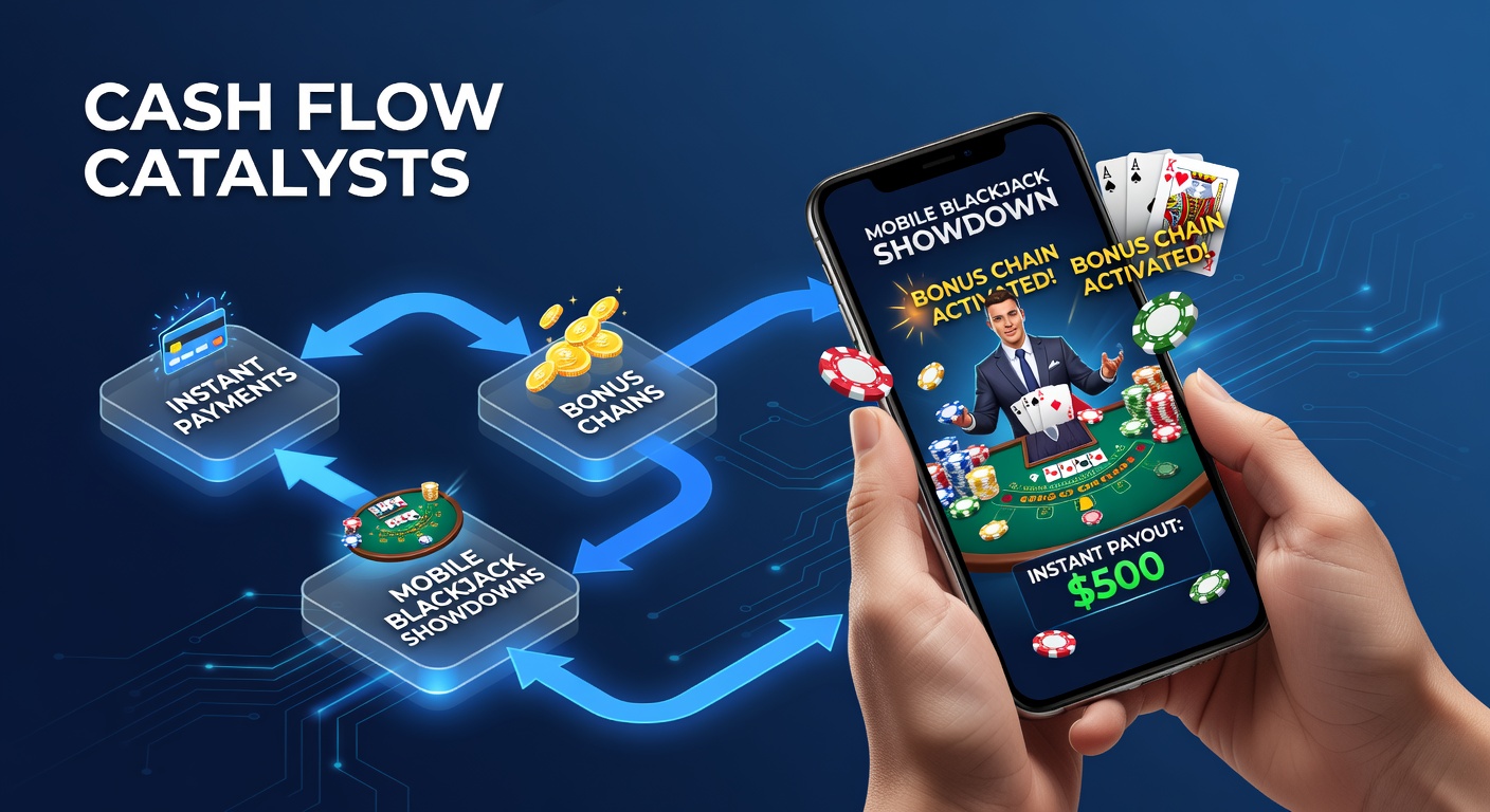 Mobiele blackjack duel met snelle betalingsiconen en bonusketens op een smartphone scherm, illustrerend de naadloze cashflow in high-stakes games