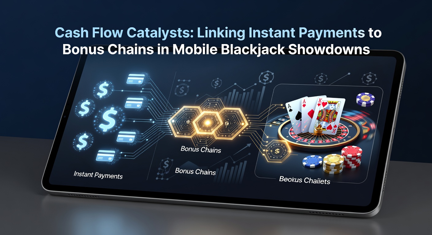 Grafiek met cashflow pijlen die instant betalingen verbinden aan groeiende bonusketens in een mobiel blackjack toernooi, met statistieken over winstkansen