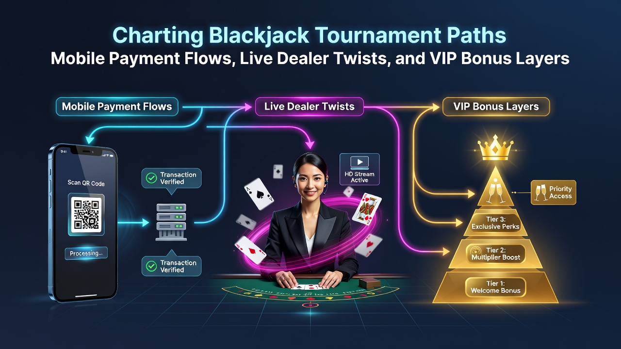 Overzicht van blackjack toernooi paden met mobiele betalingen en live dealer elementen