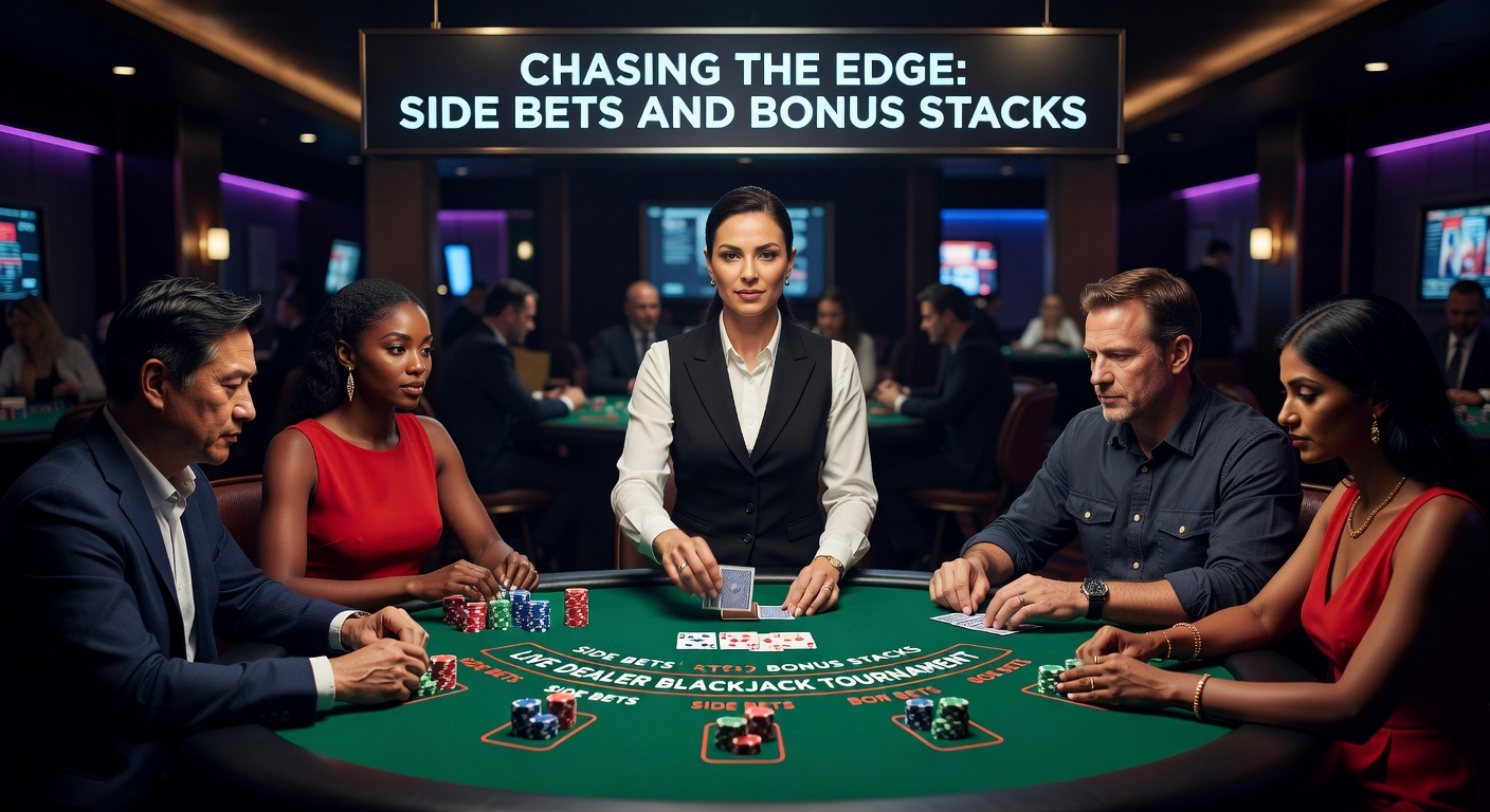 Live dealer blackjack toernooi met spelers die side bets plaatsen aan een digitale tafel, chips gestapeld en kaarten in beweging