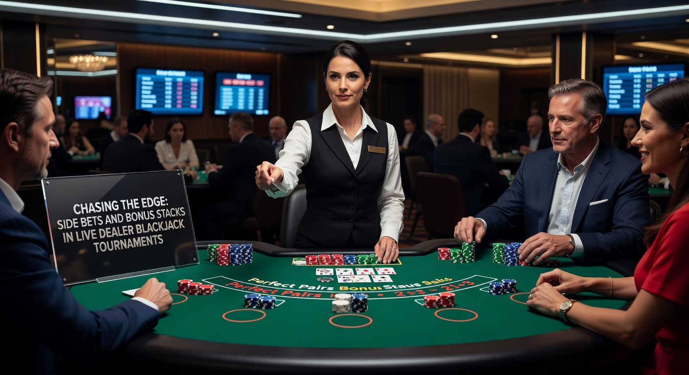 Overzicht van bonusstapels in een live blackjack toernooi interface, met multipliers en loyale punten die zich opstapelen naast de dealer