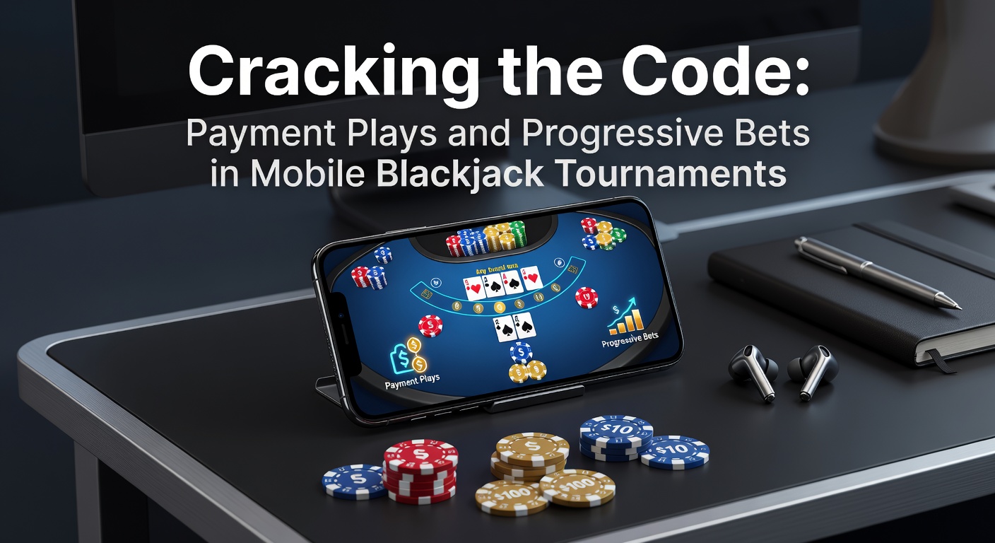 Speler aan een mobiel scherm tijdens een intens blackjack toernooi, met stapels virtuele chips en een progressieve inzetstructuur zichtbaar