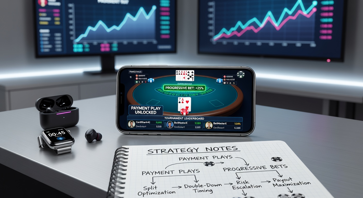 Grafiek met progressieve inzet curves en betalingsstructuren in een mobiel blackjack toernooi, inclusief chip leaderboards en uitbetalingstabel