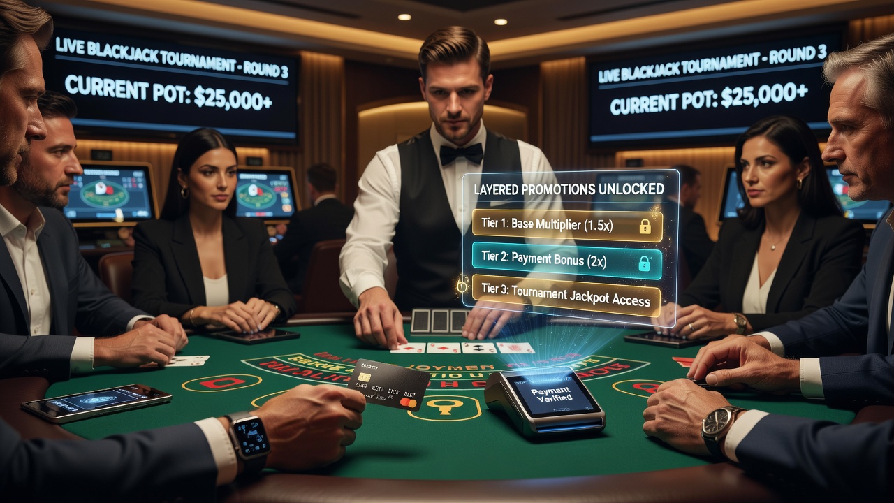 Live dealer blackjack interface met promotie overlays op mobiel apparaat