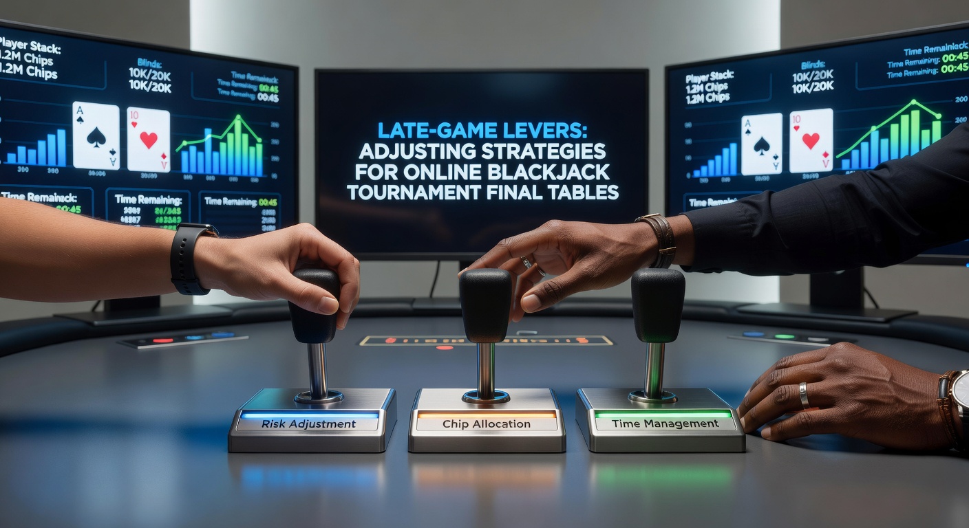 Spannende final table actie in een online blackjack toernooi, met spelers die chips stapelen en kaarten analyseren