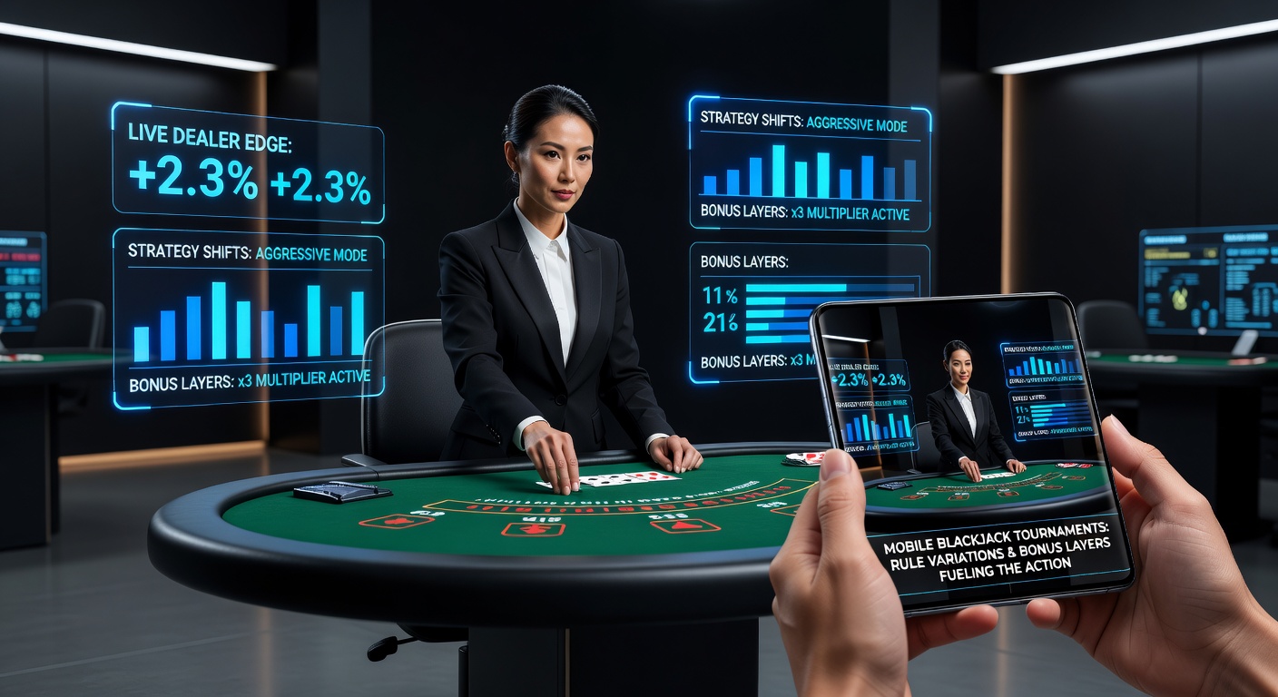 Live dealer aan tafel met mobiele spelers in een blackjack toernooi, schermen vol kaarten en chips