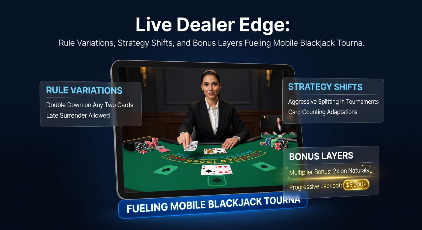 Speler met smartphone aan live dealer blackjack tafel, focus op strategy chart en tournament leaderboard