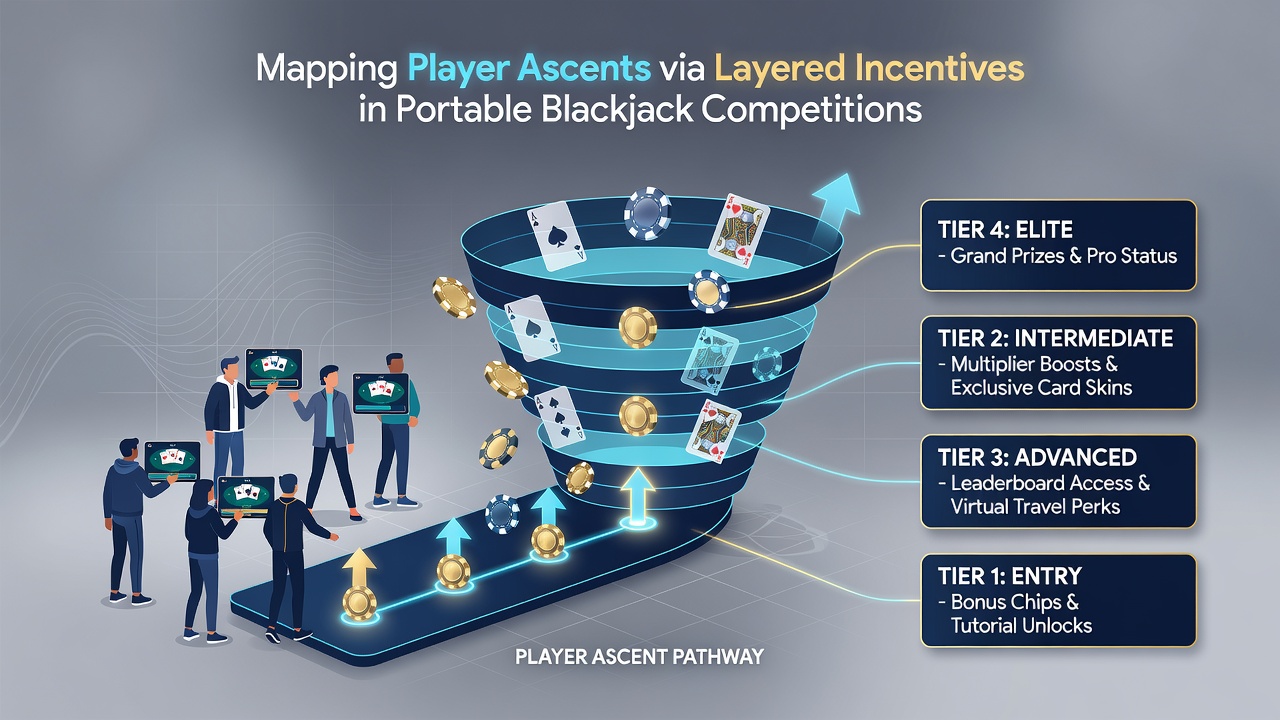 Diagram dat spelersascenties en beloningsniveaus in portable blackjacktoernooien illustreert met statistieken en voortgangsindicatoren